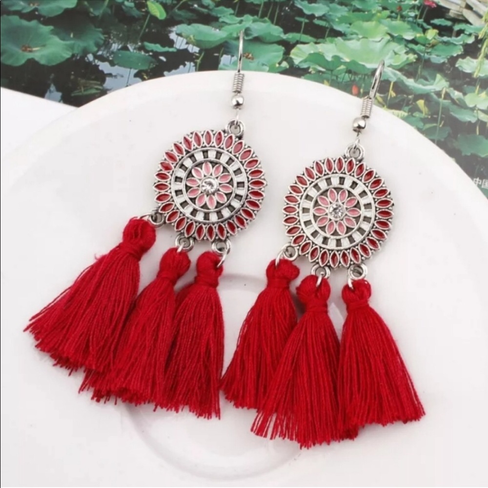 🆕 Red Boho Tassel Dangling lightweight medallion mandala Earrings